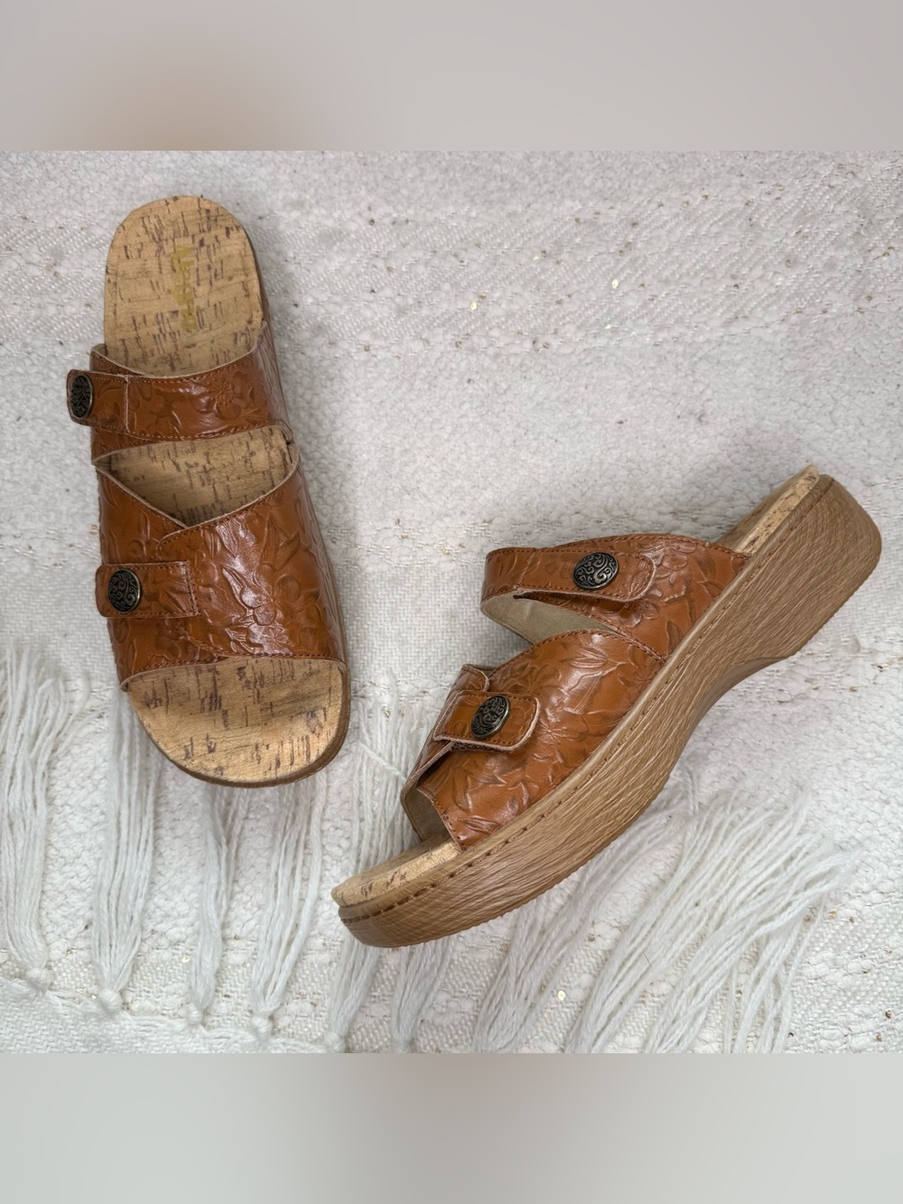 ALEGRIA Krystal shoes brown floral embossed leather open toe platform sandals